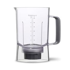 a blender with a measuring cup on the top and bottom, is shown against a white background