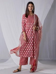 Handblock printed kurta set with dupatta cotton, summer collection, officewear, casual wear, fashion, bright colour, comfortable, embroidery. Red Cotton Palazzo Set With Chikankari Embroidery, Red Chanderi Kurta With Printed Motifs, White Cotton Silk Kurta With Block Print, White Block Print Chanderi Set, White Cotton Traditional Wear With Block Print, White Chanderi Block Print Set, Unstitched Block Print Lawn Suit With Straight Kurta, Festive Chanderi Lawn Suit With Bandhani Print, Festive Bandhani Chanderi Lawn Suit