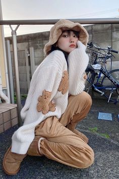 Fall Outfit Women, Patchwork Jumper, Fluffy Teddy Bear, Winter Clothes Women, Cute Jumpers, Korean Fashion Winter, Bear Decor, Kawaii Style, Korean Japanese