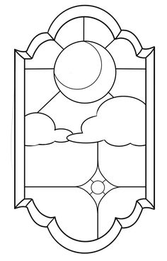 a stained glass window with the sun and clouds on it, in black and white