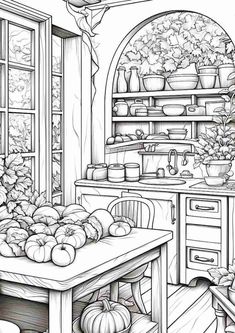 a black and white drawing of an old fashioned kitchen with pumpkins on the table