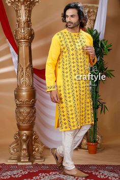 Presenting an exclusive Men's Kurta with hand embroidered kantha work. The unique multi-thread kantha embroidery design is entirely handcrafted on pure cotton panjabi by our skilled artisans. This beautiful Indian attire is suitable for any occasions and it will give you elegant ethnic look with ultimate comfort.  Men's Chest Size : 42 inch Sleeve Length : Long Sleeves Design : Kantha Stitch Fabric : 100% Cotton Dry Clean recommended. -------------------------------- We regularly upload new premium products for you. So, kindly visit our shop: https://www.etsy.com/shop/CraftyleIndia Please click the Follow Shop ❤ button at the top of the shop and share to get latest updates. Click on the Heart Sign ❤ to add item to your favorites. Straight Kurta With Cutdana For Puja, Festive Cotton Sherwani With Cutdana, Bollywood Style Chikankari Embroidery Kurta, Bollywood Style Chikankari Embroidered Kurta, Transitional Cotton Sherwani With Chikankari Embroidery, Festive Kurta With Chikankari Embroidery Traditional Fit, Festive Chikankari Embroidered Kurta In Traditional Fit, Traditional Fit Resham Embroidered Kurta For Diwali, Bollywood Style Embroidered Kurta