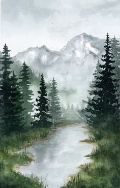 a watercolor painting of a mountain lake and pine trees with fog in the background