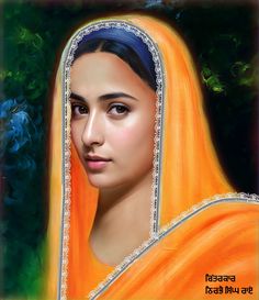 an oil painting of a woman in orange and yellow sari, with blue hair