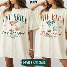 two women wearing matching t - shirts with the words, the bride and the bachelor