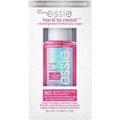 hard to resist strengthener by essie a nail strengthening treatment with nail bonding technology for instant nail strength and less brittle, more protected nails after just 3 days. this treatment creates a protective barrier against daily wear and tear for nails that appear healthy, smooth with natural shine. apply two coats to clean, bare nails and allow to dry. wear for 3 days before removal, for optimal results. Next Gen Nails, Essie Nails, Essie Nail Polish Colors, Essie Nail Colors, Instant Nails, Top Treatments, Nail Infection, Nails Today, Brittle Nails