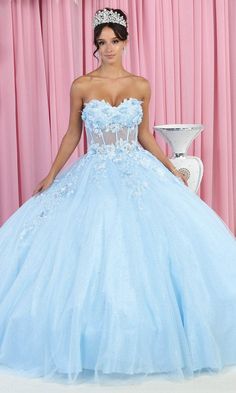 May Queen LK188 - Strapless 3D Floral Embroidered Ballgown Princess Blue Ball Gown With Sweetheart Neckline, Blue Princess Ball Gown With Sweetheart Neckline, Princess Style Blue Ball Gown With Sweetheart Neckline, Strapless Princess Ball Gown For Prom, Blue Princess Gown With Sweetheart Neckline, Strapless Ball Gown With Lace Bodice, Princess Ball Gown With Sweetheart Neckline And Corset Back, Blue Gown With Boned Bodice And Sweetheart Neckline, Strapless Tulle Quinceanera Dress With Fitted Bodice