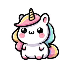 a cartoon unicorn with a pink hat and rainbow mane on it's head, sitting down