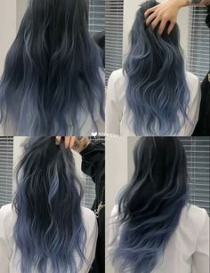 Best Color To Dye Black Hair, Trendy Hair Dye Ideas For Black Hair, Underdye Hair Color Ideas, Silver Blue Highlights On Dark Hair, Hair Colour Korean Style, Dusty Grey Hair, Full Highlights For Dark Hair Black, Steel Blue Hair Color, Cool Tone Hair Colour