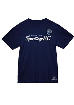 Show off your team pride in this Sporting Kansas City Navy Blue Sporting KC Script Short Sleeve T Shirt! This SKC Short Sleeve Tee features a script team name screen printed on chest. Make sure everyone knows you root for the Sporting KC with this Navy Blue SKC T Shirt. Go Sporting! Lightweight material, Crew neckline, Screen print team graphic, Unisex, Officially Licensed, Fit: True to Size, 100% COTTON, Machine Washable, 4 Navy Cotton T-shirt For Sports Season, Navy Graphic Tee For Sports, Navy Sports T-shirt With Letter Print, Blue Tops With Team Logo For Streetwear, Navy Sporty T-shirt With Screen Print, Navy Graphic Print T-shirt For Sports Season, Navy Graphic Print Fan Apparel Top, Navy Tops With Letter Print For Sports Events, Navy Cotton Moisture-wicking T-shirt