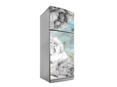 a refrigerator with an artistic design on the front and side panels in silver, white and blue