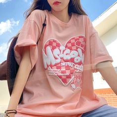 Harajuku Pink, Y2k Shirts, Pink Love Heart, Cute Graphic Tees, Heart Shirt, Girls Prints, Bear Print, Print Tee, Pink Love