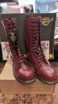 These are a model of Dr Martens boots,that have not been in production for many a year. These are 14 hole Cherry steel toe cap boots. They were last made in 2007, and therefore made under license overseas. They are a high quality boot and extremely rare. Dr Martens now do not as a brand make steel cap boots. These are very desirable. We have sizes 5/38, 7/41 , 10/45 and 11/46 available. Steel Cap Boots, Shoes Boots Combat, Skinhead Boots, Steel Boots, Dr Martens Men, High Quality Boots, Martens Boots, Leather Clothes, Dr Martens Boots