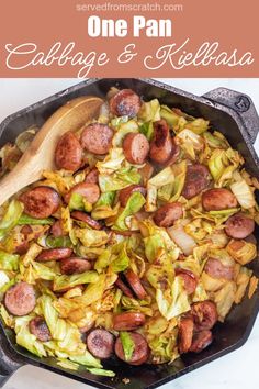 an overhead of a cast iron with cooked cabbage and kielbasa with Pinterest pin text. Kielbasa Recipes Cabbage, Polish Sausage Cabbage Recipes, Cabbage Potato Kielbasa Skillet, Kielbasa With Cabbage, Kabasa Sausage Cabbage Recipes, Brat And Cabbage Recipe, Fried Cabbage With Kielbasa, Polish Sausage Recipes Kielbasa Fried Cabbage, Keto Cabbage And Kielbasa Recipes