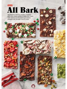 the cover of all bark magazine, with different types of food and candy on it