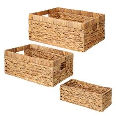 three woven baskets are shown on a white background