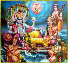 an image of hindu deities in the water with one holding a flower and two other sitting on