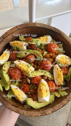 a wooden bowl filled with eggs, tomatoes and avocado