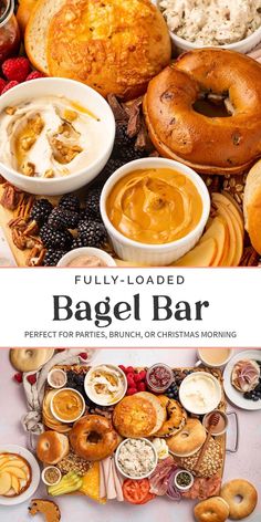 bagel bar with lots of different types of baked goods and toppings on it