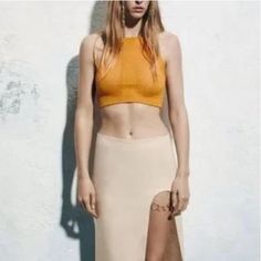 Zara Orange Straight Neck Cropped Top With Spaghetti Straps Perforated Fabric Detail Anthropologie Fashion, Orange Crop Top, Satin Crop Top, Verge Girl, Mesh Crop Top, Zara Bags, Zara Crop Top, Small Crop Tops, Sabo Skirt