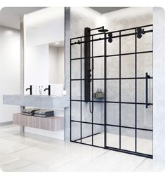 a bathroom with a sink, mirror and sliding glass shower door that has black bars on it