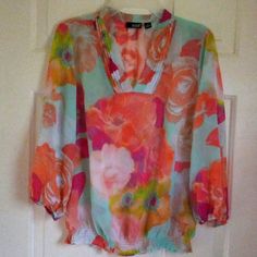 Nwt Excellent Condition Sleeve: 3/4 Sheer Blouse Floral Design Colors: Orange Pinkgreen Yellowaqua Blue Offers Welcomed Pink Floral Print Top With 3/4 Sleeves, Pink Floral Print Tops With 3/4 Sleeves, Floral Print 3/4 Sleeve Blouse For Vacation, Feminine 3/4 Sleeve Blouse With Floral Print, Feminine Blouse With 3/4 Sleeve Floral Print, Summer Floral Print Tops With 3/4 Sleeves, Feminine Floral Print Tops With 3/4 Sleeve, Floral Print 3/4 Sleeve Blouse For Brunch, Chic Blouse With Floral Print And 3/4 Sleeves