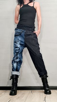 "Extravagant Denim Pants, Asymmetric Denim Harem Pants, Painted Streetwear Pants, Deconstructed Denim, Women Denim Harem ❤️ Extravagant designs and high quality fabrics! ❤️ Materials & Care Denim, Cotton, Textile Hand wash at low temperatures. Do not machine dry. Do not iron. Do not dry clean! ❤️ Sizing We can make your piece from XS to 5XL! Everything in the shop can be also made according to your measures free of charge! ❤️ Shipping ✈ Ready to ship The time I need to prepare an order for s Streetwear 2023 Women, Dapper Women Outfits, Deconstructed Straight Leg Denim Bottoms, Spring Deconstructed Denim Blue Bottoms, Baggy Asymmetrical Pants For Spring, Spring Straight Leg Deconstructed Jeans, Spring Deconstructed Denim Bottoms, Spring Deconstructed Straight Leg Jeans, Baggy Asymmetrical Bottoms For Spring