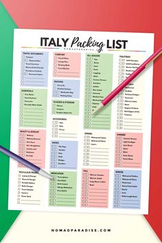 a printable italy packing list with a pencil