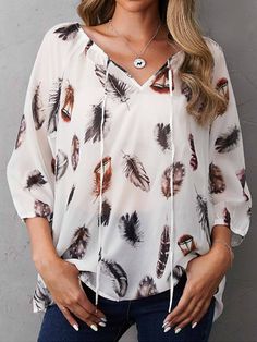 Pink V-neck Feather Print Casual Long Sleeve Plus Size Blouse V-neck Office Tops For Fall, V-neck Tops For Office Wear In Fall, Trendy V-neck Blouse For Fall, Fall V-neck Top For Day Out, Casual Split Neck V-neck Top For Fall, Casual V-neck Split Neck Top For Fall, Fall Vacation Tops With V-neck, Fall Vacation Blouse With Split Neck, Fall Vacation Split Neck Blouse