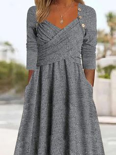 Plain Casual Buckle Sweetheart Neckline Dress Womens Dresses Classy Simple, V-neck Winter Dresses With Pockets, V-neck Winter Dress With Pockets, Winter V-neck Dress With Pockets, Gray Fall Dress With Pockets, Causal Dress Outfits, Maxi Long Sleeve Dress, Flattering Clothes, Cute Dresses For Women