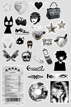 Sticker Art Black And White, Y2k Sticker Sheet Printable, Cute Stickers Printable Design, Sticker Ideas Black And White, Acubi Stickers, Black And White Stickers Printable, Black Stickers Aesthetic Printable, Black And White Stickers Free Printable, Black And White Aesthetic Stickers