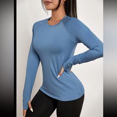 Dusty Blue Round Neck, Raglan Sleeve Regular Fit Athletic Tee 86% Polyester 14% Elastane High Stretch Womens Patterns, Sports Tee, Sports Tees, New Inventory, Thumb Holes, Dusty Blue, Raglan Sleeve, Sport Fitness, Long Sleeve Tees