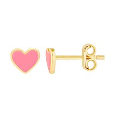 Birmingham Jewelry - 14K Yellow Gold Pink Enamel Heart Baby Stud Earrings - Birmingham Jewelry Gold Enamel Heart Earrings For Valentine's Day, Gold Enamel Heart Charm Earrings, Gold Enamel Heart Earrings, Valentine's Day Gold Heart Enamel Earrings, Gold Heart-shaped Enamel Earrings, Gold Enamel Heart-shaped Earrings, Gold Enamel Earrings For Valentine's Day, Gold Hearts, Pink Enamel