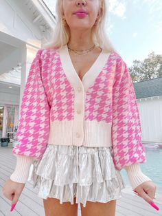 Our Ellison Pink Houndstooth Cardigan is the definition of cute and preppy. This long sleeve candy pink houndstooth cardi features a relaxed fit and button front. content: 52% acrylic, 35% cotton, 13% poly care: hand wash cold Trendy Pink Fall Cardigan, Pink Fall Cardigan For Workwear, Pink Fall Cardigan For Work, Pink Button-up Sweater For Fall, Cute Button-up Fall Cardigan, Cute Button-up Cardigan For Fall, Spring Preppy Workwear Sweater, Pink Button-up Sweater For Work, Spring Plaid Long Sleeve Cardigan