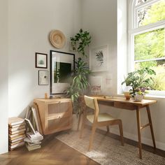 a room with a desk, chair and potted plant in the window sill