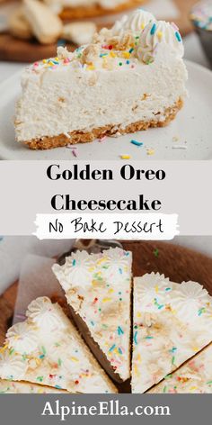 golden oreo cheesecake no bake dessert on a plate