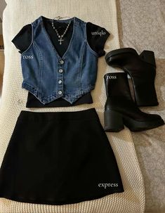 Addie Larue Outfits, Wednesday Addams Full Outfit, Mini Skirt 90s Outfit, Black Pinstripe Skirt Outfit, Joan Jett Outfits Inspiration, Sleeping With Sirens Concert Outfit, Veronica Sawyer Inspired Outfits, Tv Series Outfits Ideas, Record Store Outfit