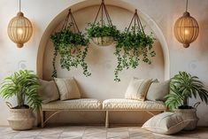 a living room filled with lots of plants next to a wall mounted potted plant