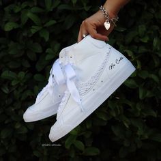 Make Your Day Extra Special With These Beautiful And Unique Custom Bridal Sneakers. Please Visit: Solecraftstudio.Com For A Better Customization Experience, And Better Prices. Brand New 100% Authentic Nike Blazer Mid With Box! Rhinestones/Pearls Swoosh Bridal Custom Made-To-Order Sneaker. Satin Or Tulle Laces! Style: 4 Swooshes + Laces - This Option Includes Rhinestones/Pearls On All 4 Swooshes + Laces Of Your Choice + Lettering Of Your Choice. Get Them Personalized! To Order: Please Send Us A M Wedding Nike Blazers, Outfit With Jordans For Women, Bridal Nike, Wedding Nike, Outfit With Jordans, Sneakers For Bride, Wedding Sneakers For Bride, Reception Shoes, Bridgerton Wedding