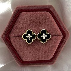 18k Gold Plated Over 925 Solid Sterling Silver Luxury Clover 4 Leaf Black Onxy Cz Stud Earrings Four Leaf Black Onyx Studs White Cubic Zirconia Stones Push Back Studs Lucky 925 Stamped *100% Brand New *100% Guarantee High Quality * 100% Lead And Nickel Free * 100% Hypoallergenic * Will Not Tarnish Or Fade *Smoke Free Pet Free Home - ***Free Jewelry Pouch Included*** Gift For Her Engagement Anniversary Promise Wedding Mother’s Day Graduation Vacation Mom Dad Christmas Gift Birthday Girlfriend Boy Black Fine Jewelry Earrings, Black Pierced Earrings In Fine Jewelry Style, Black Pierced Earrings Fine Jewelry, Fine Jewelry 14k Gold Black Earrings, Black Sterling Silver Fine Jewelry Earrings, Luxury Black Earrings For Gift, Black Elegant Earrings For Anniversary, Elegant Black Earrings For Anniversary, Black Drop Earrings For Anniversary