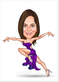 a cartoon caricature of a woman in a purple dress with her arms outstretched