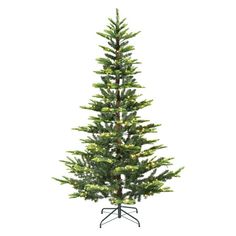 a small christmas tree with lights on it's branches and a metal stand in front of a white background