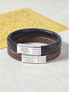 Braided Leather Bracelet For Dad Customizable Black Name Bracelet For Anniversary, Personalized Adjustable Stainless Steel Braided Bracelets, Personalized Classic Bracelets For Father's Day, Personalized Adjustable Stainless Steel Braided Bracelet, Customizable Name Bracelet For Father's Day, Customizable Bracelets For Father's Day, Brown Bracelets For Father's Day Personalized Gift, Personalized Stainless Steel Wristband For Father's Day, Personalized Stainless Steel Bracelets For Father's Day