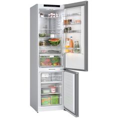 an open refrigerator with the door wide open and food inside it, on a white background