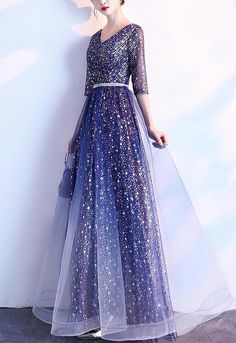 Blue Glitter Formal Gown With Fitted Sleeves (Stunning) Blue Tulle Gown With Sequins, Purple Tulle Gown For Party, Blue Tulle Dress For Party, Fitted Sparkling Evening Dress In Glitter Tulle, Blue Sequined Tulle Gown, Purple Tulle Party Gown, Blue Sequined Evening Ball Gown, Blue Tulle Party Dress, Elegant Glitter Tulle Evening Dress With Sequins