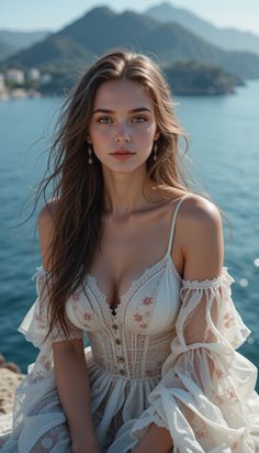 a beautiful woman sitting on top of a rock next to the ocean wearing a white dress