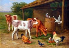 a painting of farm animals and chickens eating grass in front of a barn with a pigeon on the roof