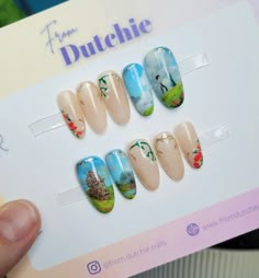 Press ons made by @from.dutchie.nails on insta Howls Moving Castle Inspired Nails, Howl’s Moving Castle Nails, Howls Moving Castle Nail Art, Ponyo Nails Studio Ghibli, Ponyo Nails Art, Nail Art Designs Studio Ghibli