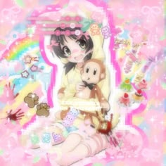 a girl holding a teddy bear in her arms with many other items around her on a pink background