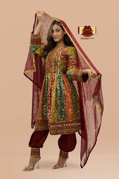 Long Sleeve Afgani Dress, Traditional Green Knee-length Dress, Traditional Knee-length Party Dresses, Multicolor Cotton Dress With Dabka Work, Cotton Multicolor Embroidered Dress For Wedding, Long Sleeve Cotton Dress With Dabka Work, Festive Multicolor Dress With Dupatta, Multicolor Embroidered Cotton Wedding Dress, Fitted Dress With Multicolor Embroidery For Festive Occasions